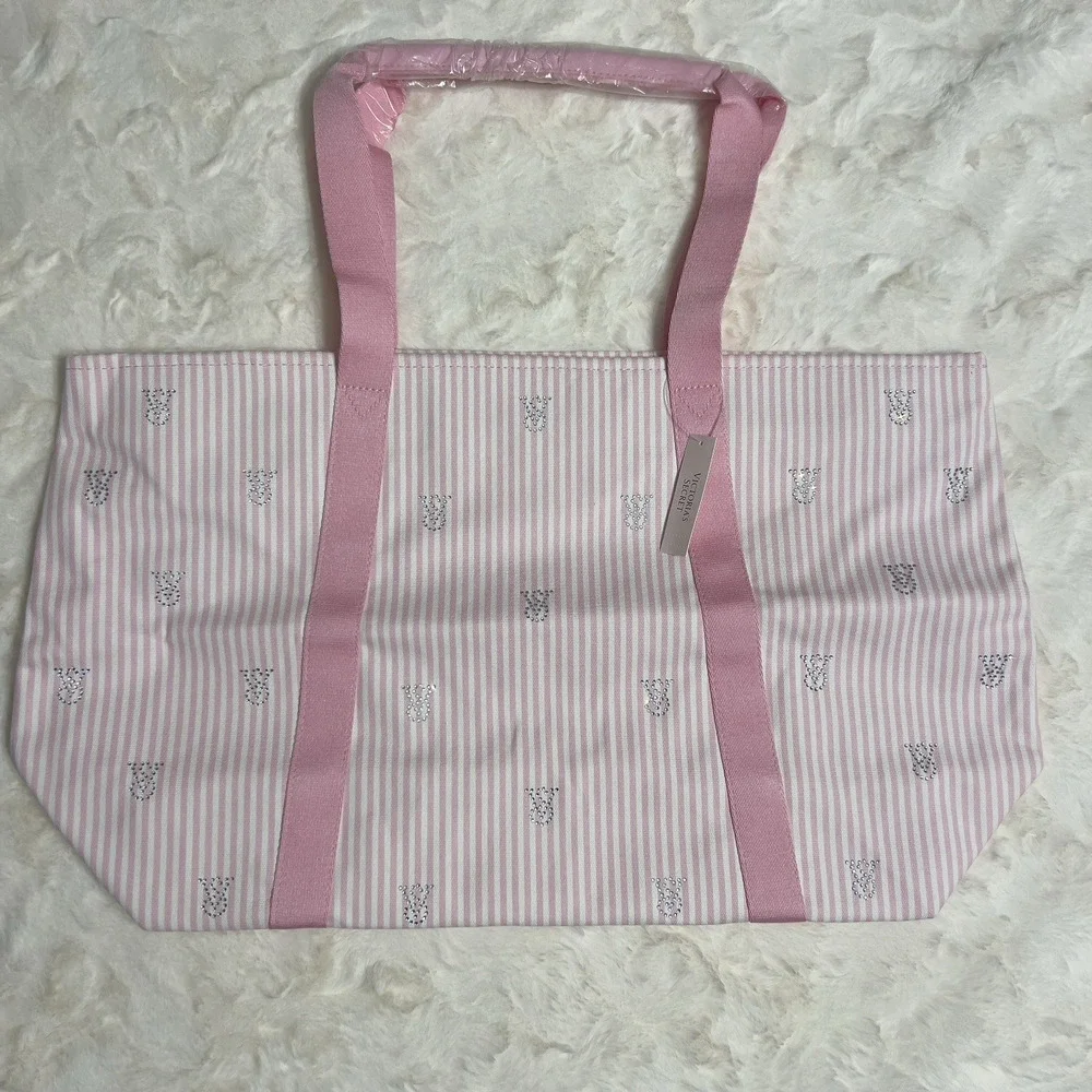 Victoria’s Secret Heritage Stripe Tote Bag Light Pink Glitter Logo Canvas NWT - Picture 5 of 5